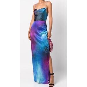 Retrofete Marlene Silk Galaxy Print Maxi Dress Purple Star Slit M NWT